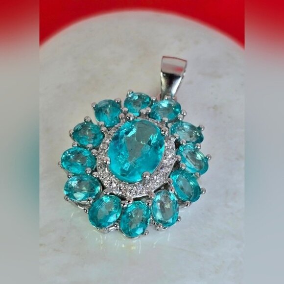 925 Sterling Silver Jewelry Set with Natural Paraiba Topaz Gemstone & Cz - Picture 6 of 14